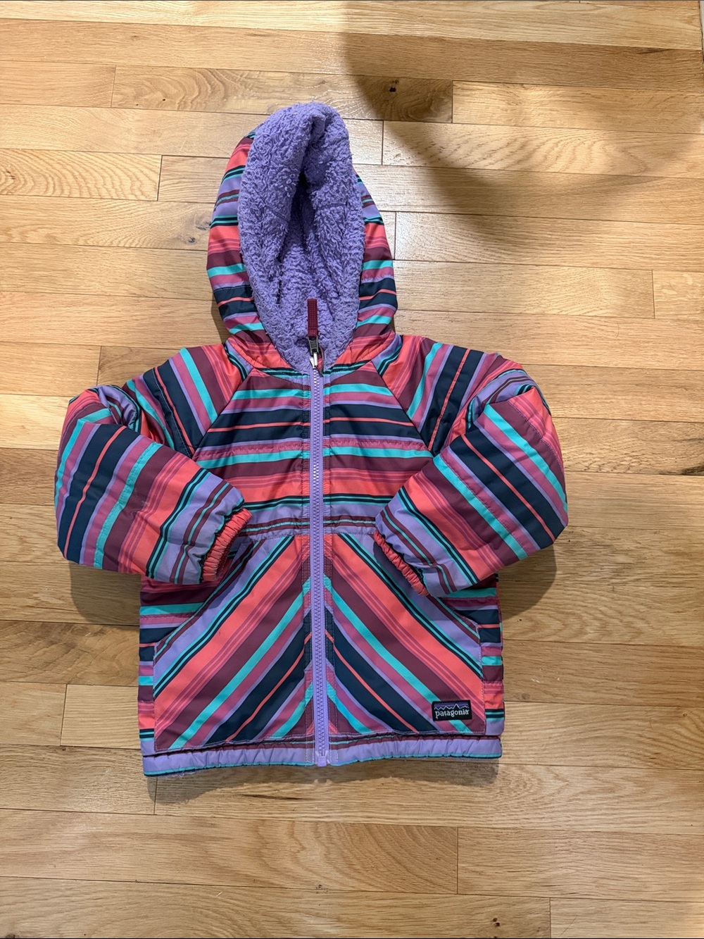 Patagonia Kids Striped Hooded Jacket in Purple, Pink & Teal